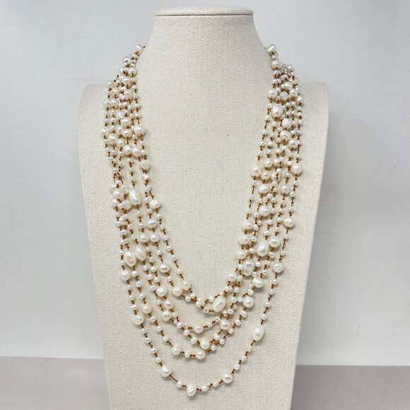 Multistrand‎ Pearl String Necklace Boho Coastal Classic - Picture 1 of 12